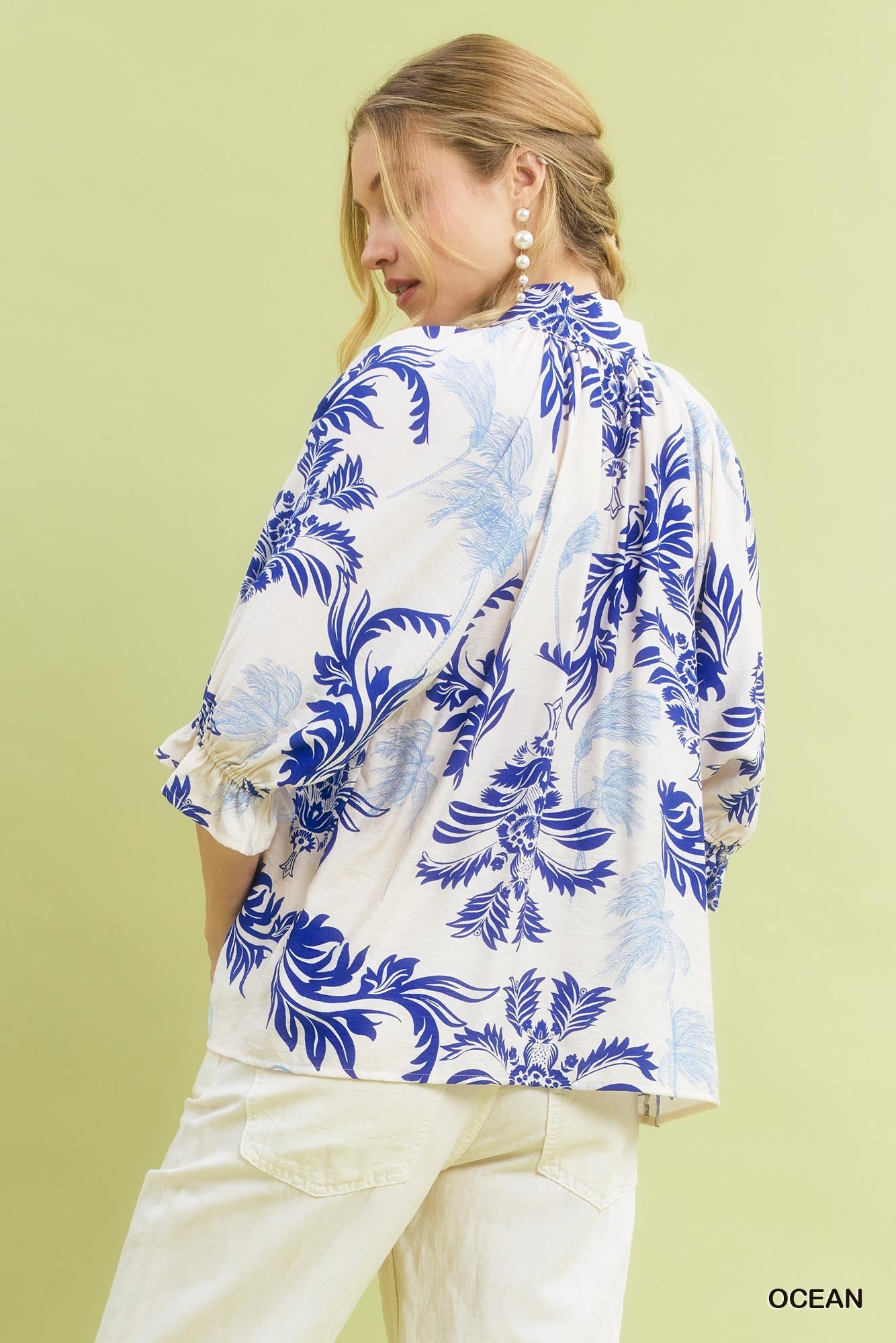 Blue- Leafy Damask Print Button Down Top