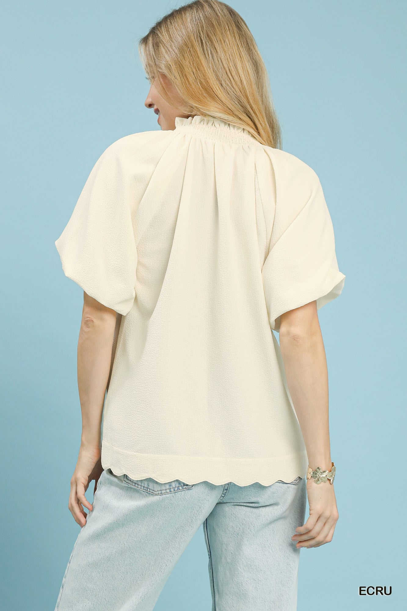 Pink or Ivory Scalloped Hem Textured Blouse