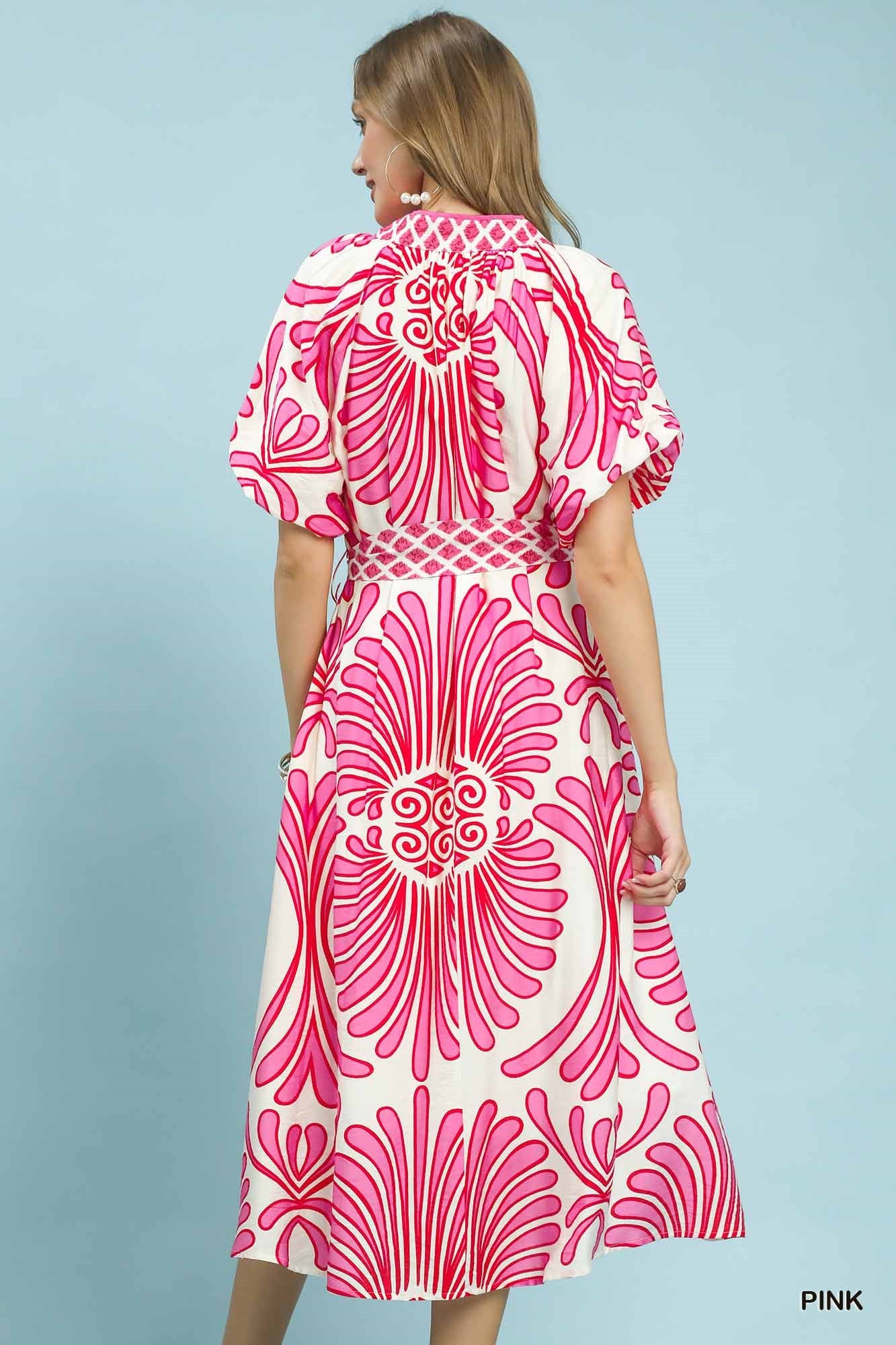 Bold Geo Floral Belted Maxi Dress-Pink