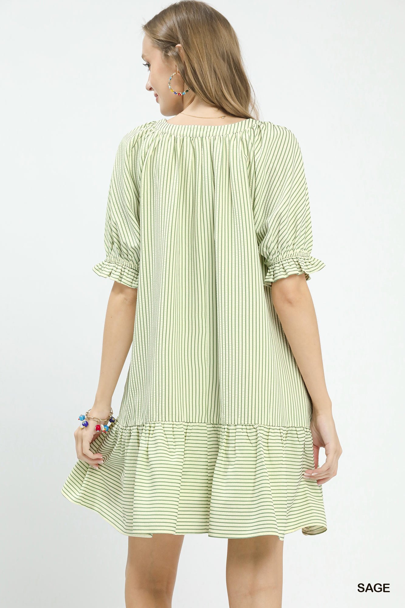 Sage Striped Babydoll Mini Dress