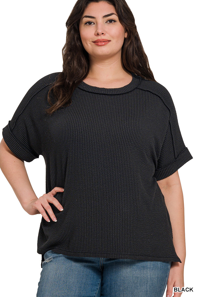 Raised Rib Short Sleeve Hi-Low Crew Neck (4 Colors available)