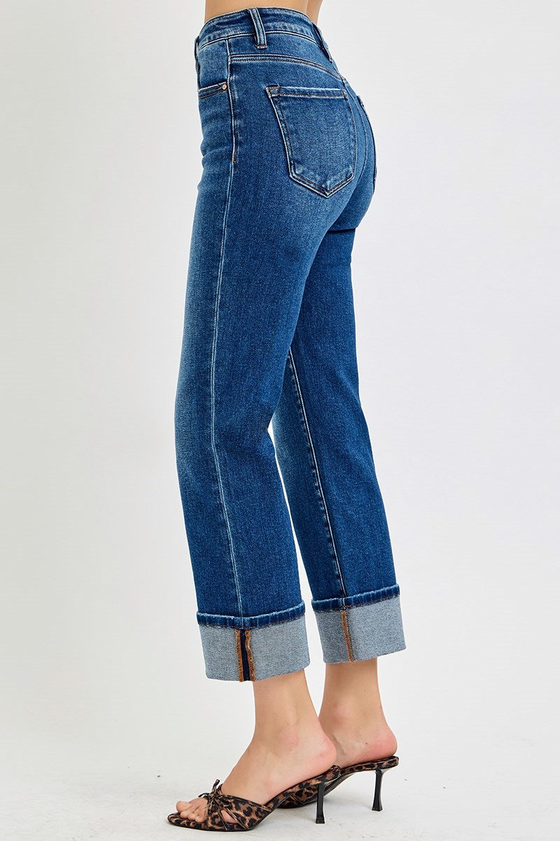 Risen #80D High Rise Ankle Straight Cuffed Jeans: Dark