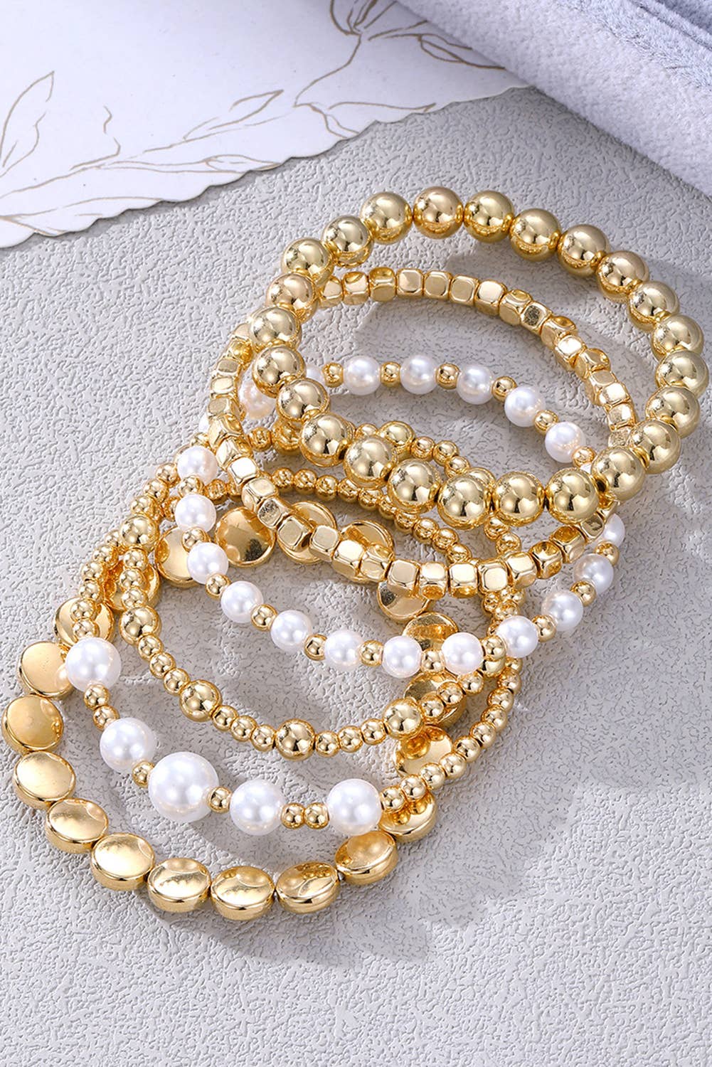 Minimalist Pearl Beaded Multi Layer Elastic Bracelets: Gold
