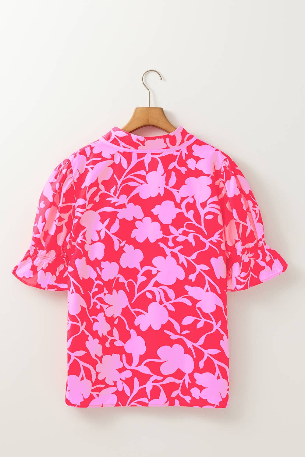 LAS Floral Split V Neck Ruffled Blouse Top (S-L): Red / Missy /