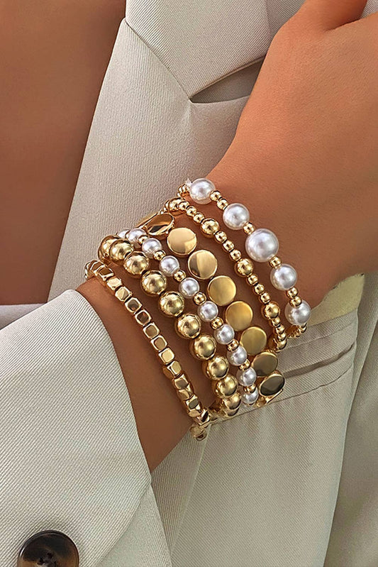 Minimalist Pearl Beaded Multi Layer Elastic Bracelets: Gold