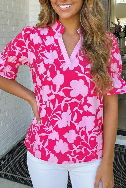 LAS Floral Split V Neck Ruffled Blouse Top (S-L): Red / Missy /