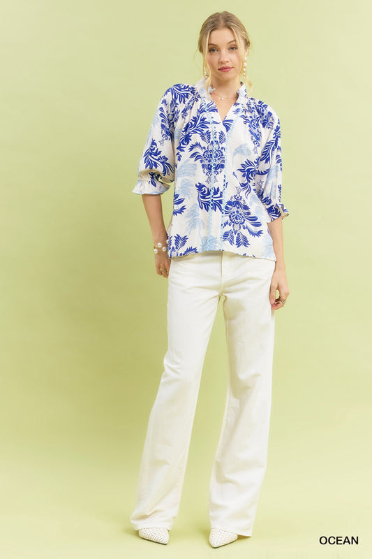 Blue- Leafy Damask Print Button Down Top