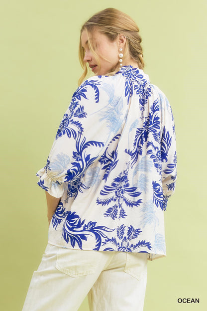 Blue- Leafy Damask Print Button Down Top