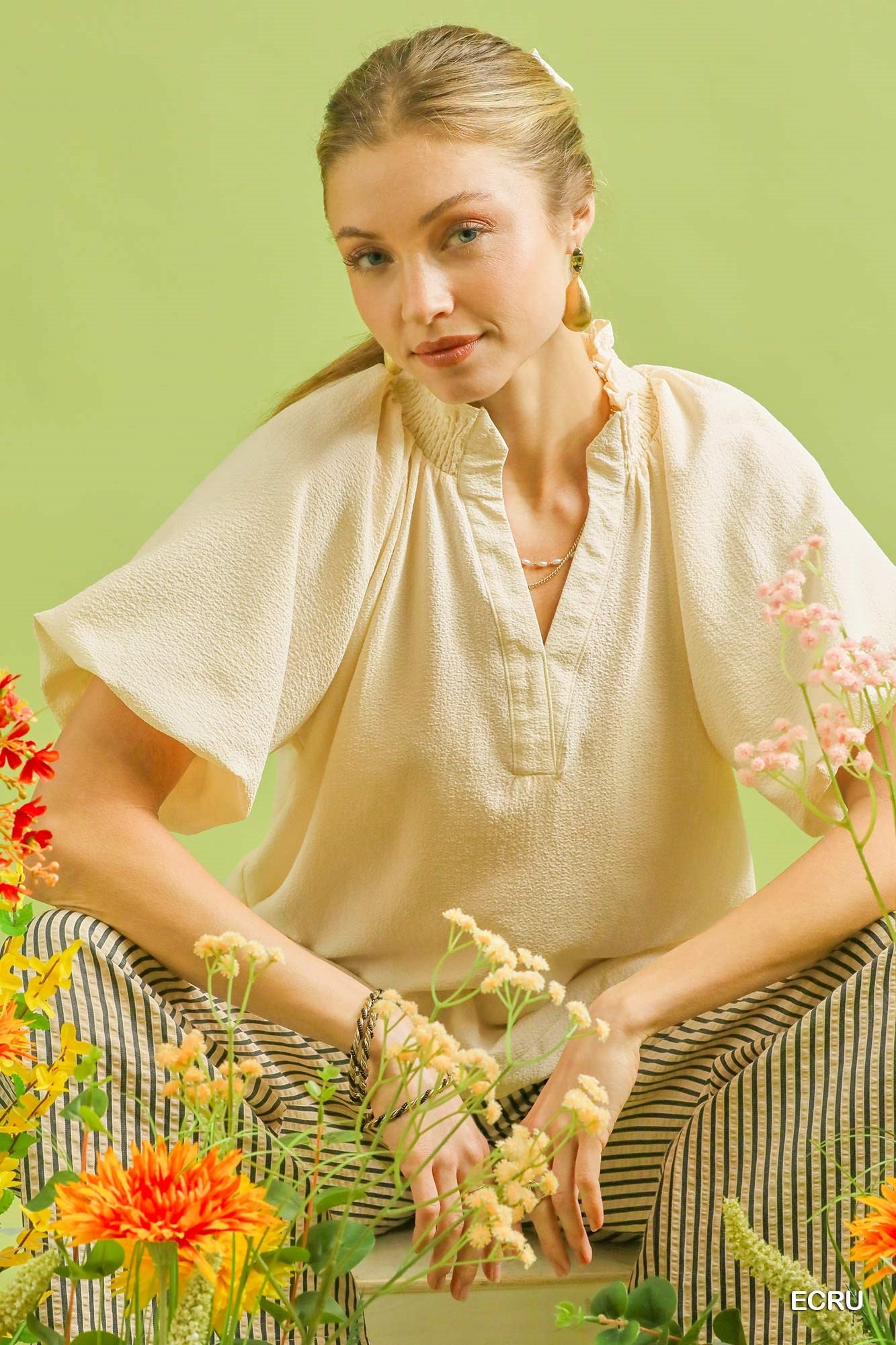 Pink or Ivory Scalloped Hem Textured Blouse