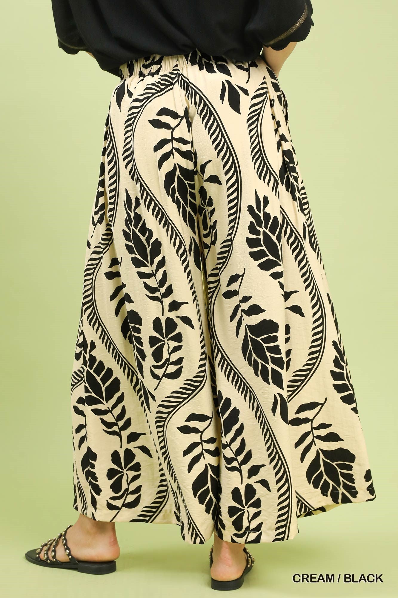 Cream/Black Tropical Print Wide Leg Pants