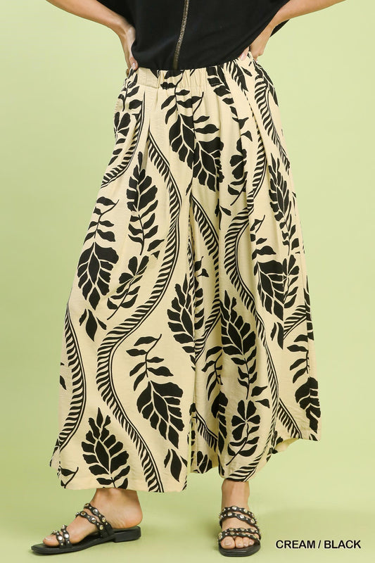 Cream/Black Tropical Print Wide Leg Pants
