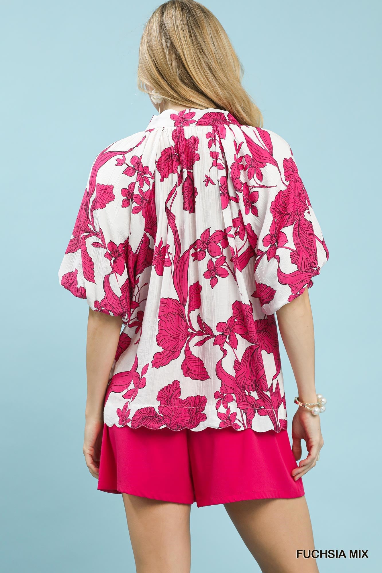 Fuchsia Mix Floral Print V-neck Top
