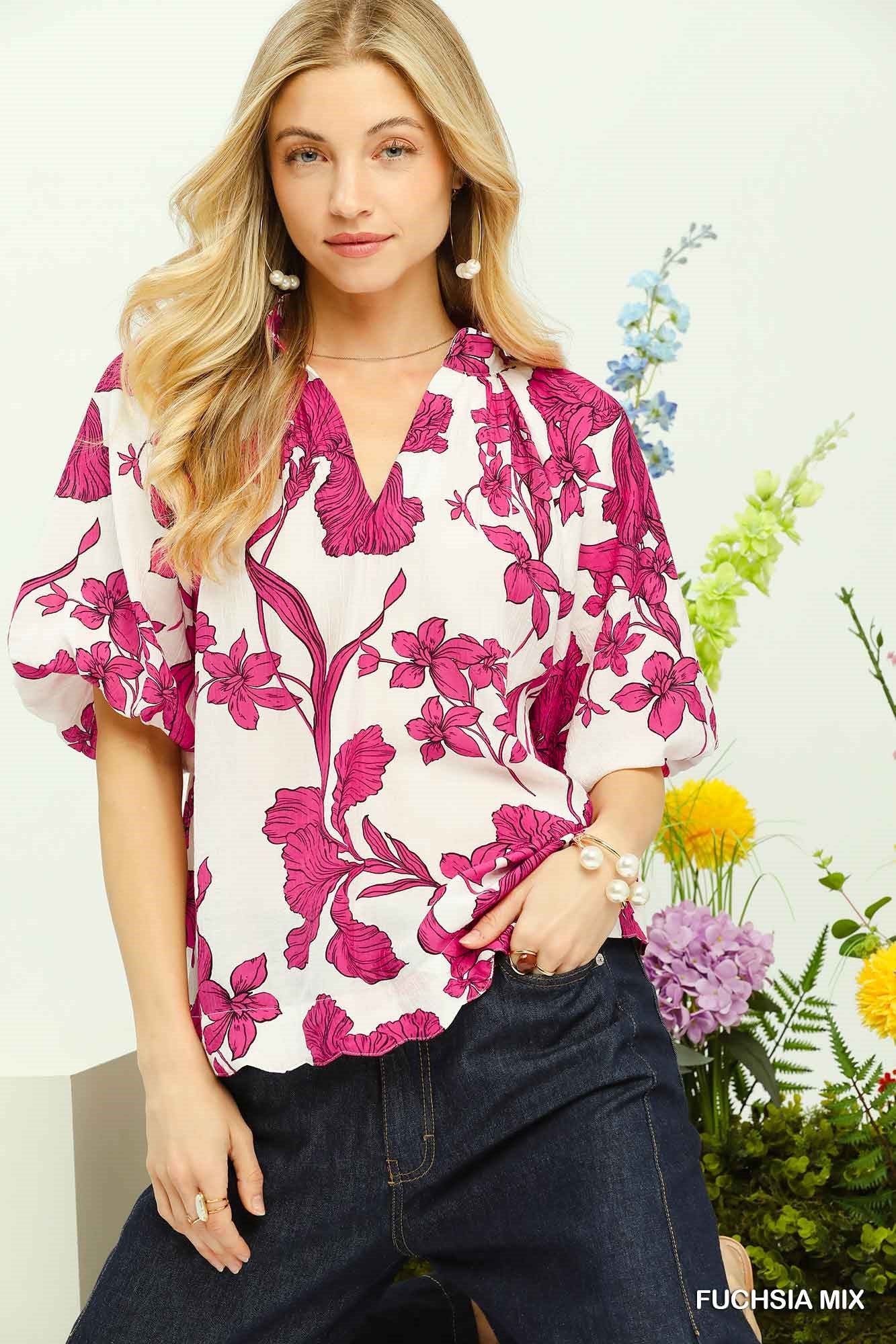 Fuchsia Mix Floral Print V-neck Top