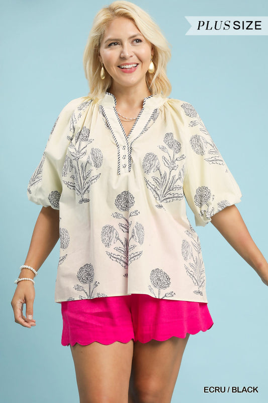 Ecru/Black Floral Print V-neck Top:  Umgee+