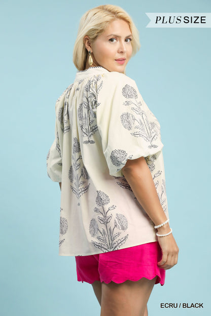 Ecru/Black Floral Print V-neck Top:  Umgee+