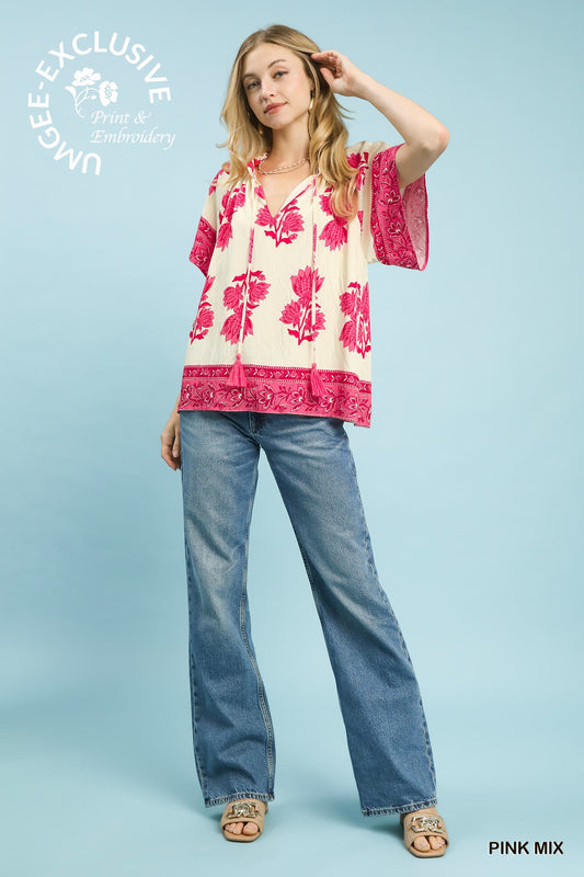 Mix Floral Print Top: Pink or Blue