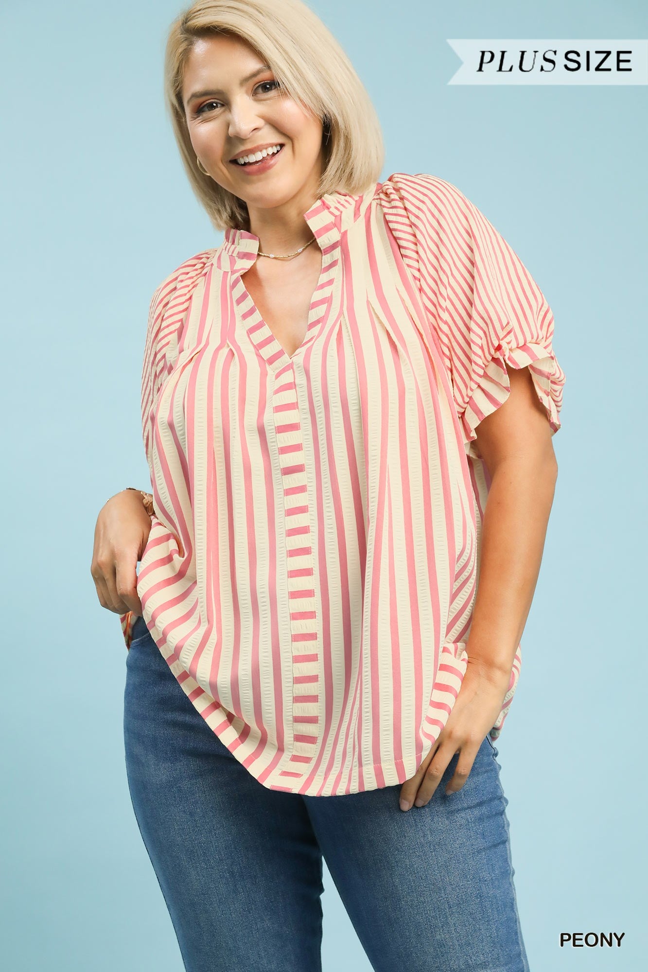 Pink Striped V-neck Top: Umgee+