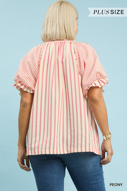 Pink Striped V-neck Top: Umgee+