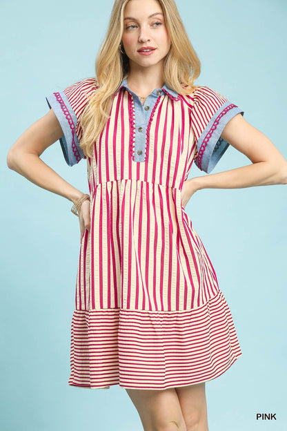 Mixed Stripe Flutter Sleeve Tiered Babydoll Top-Raspberry