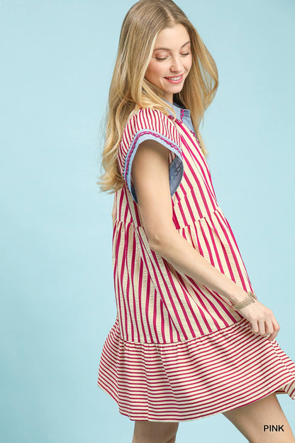 Mixed Stripe Flutter Sleeve Tiered Babydoll Top-Raspberry