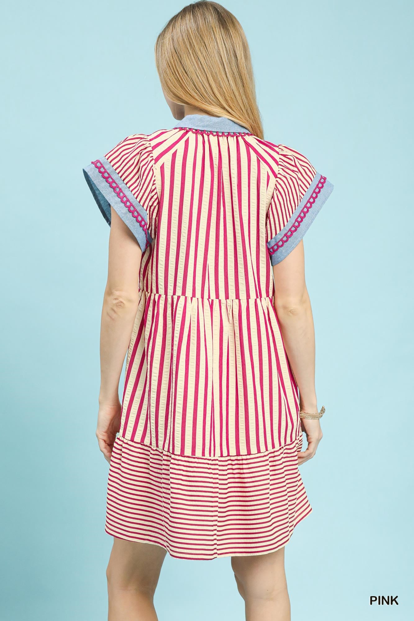 Mixed Stripe Flutter Sleeve Tiered Babydoll Top-Raspberry