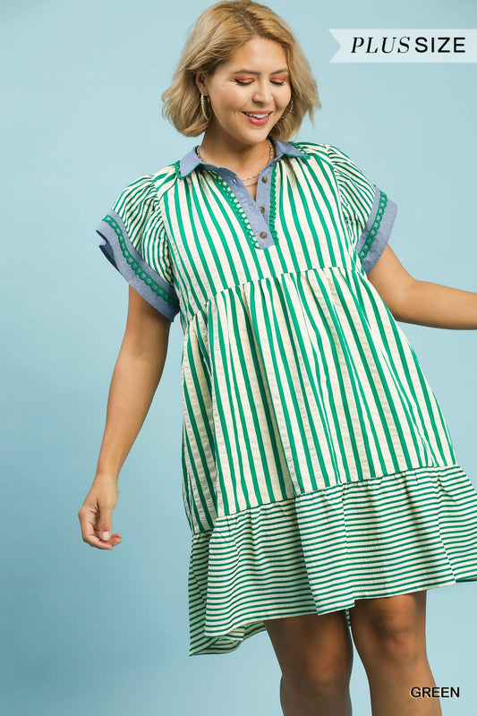 Mixed Stripe Flutter Sleeve Tiered Babydoll Top- Green