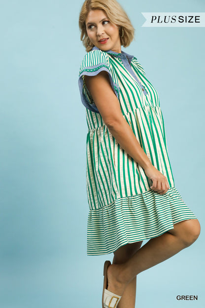 Mixed Stripe Flutter Sleeve Tiered Babydoll Top- Green
