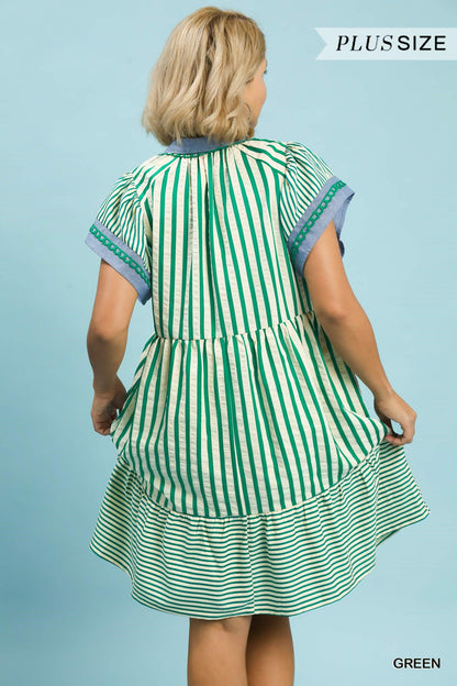 Mixed Stripe Flutter Sleeve Tiered Babydoll Top- Green