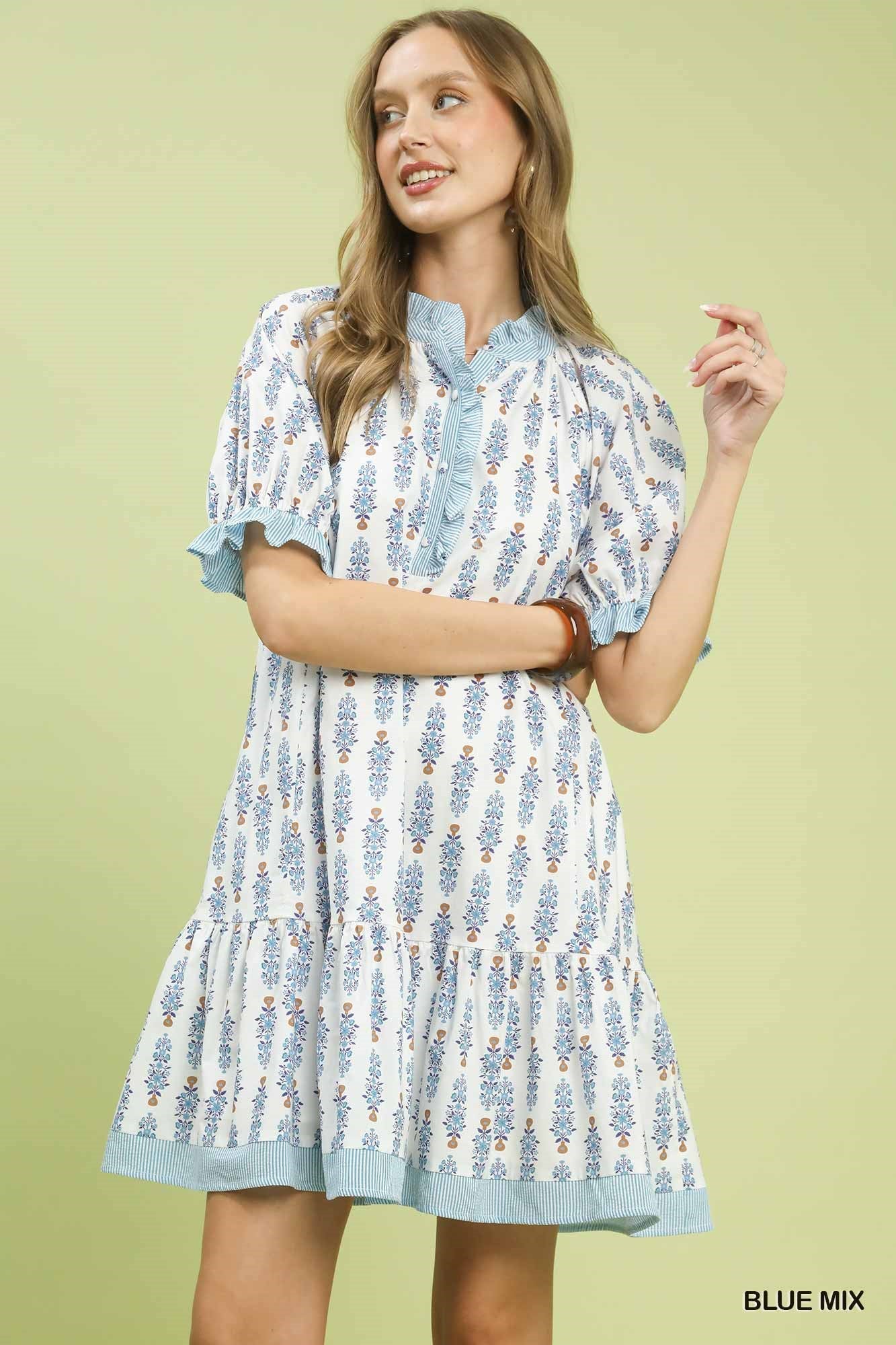 Blue Mix Striped Trim Floral Tiered Mini Dress