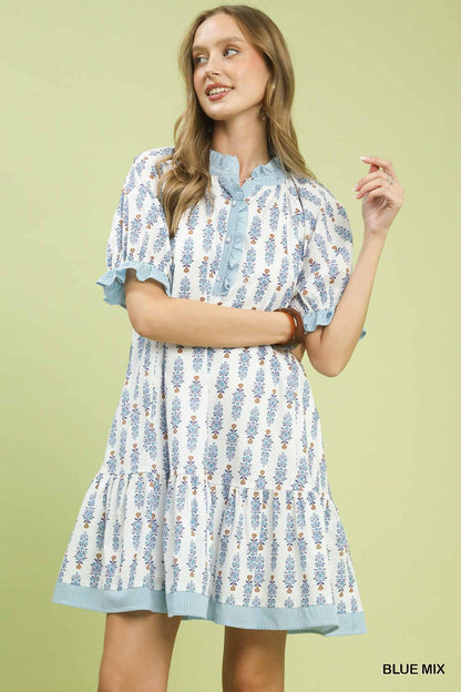 Blue Mix Striped Trim Floral Tiered Mini Dress