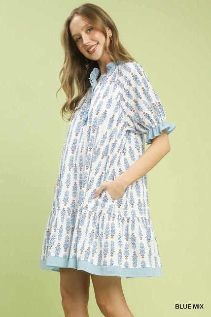 Blue Mix Striped Trim Floral Tiered Mini Dress
