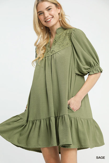 Sage Lace Tiered Mini Dress w/Pockets