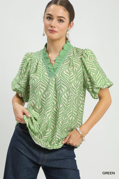 Green - Printed Puff Sleeve Ruffle Neck Top