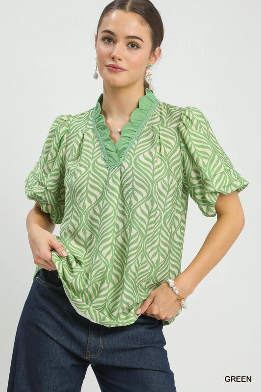Green - Printed Puff Sleeve Ruffle Neck Top