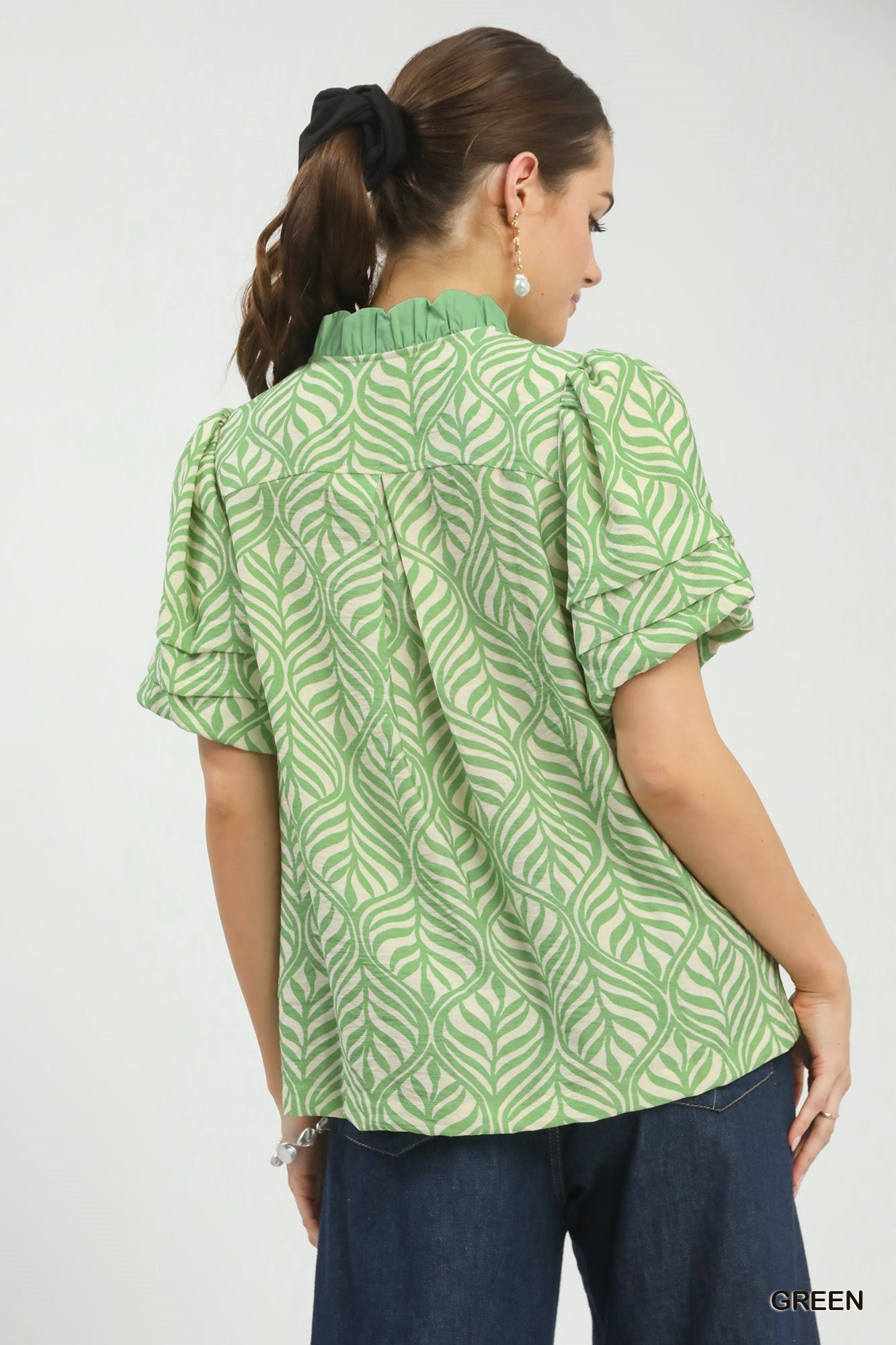 Green - Printed Puff Sleeve Ruffle Neck Top