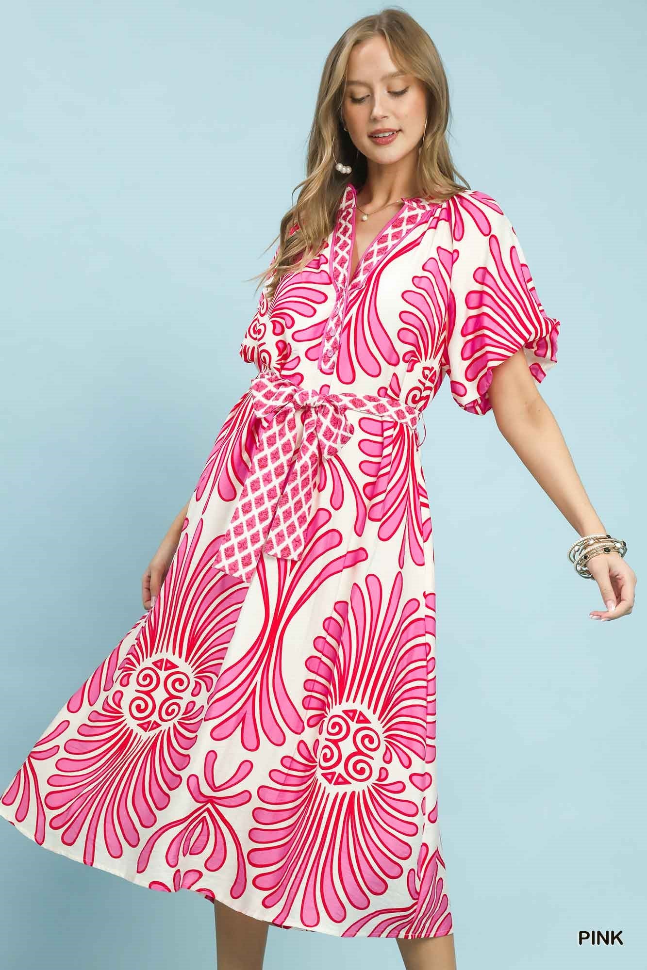 Bold Geo Floral Belted Maxi Dress-Pink