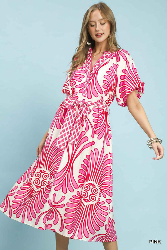 Bold Geo Floral Belted Maxi Dress-Pink
