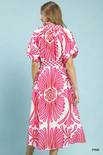 Bold Geo Floral Belted Maxi Dress-Pink