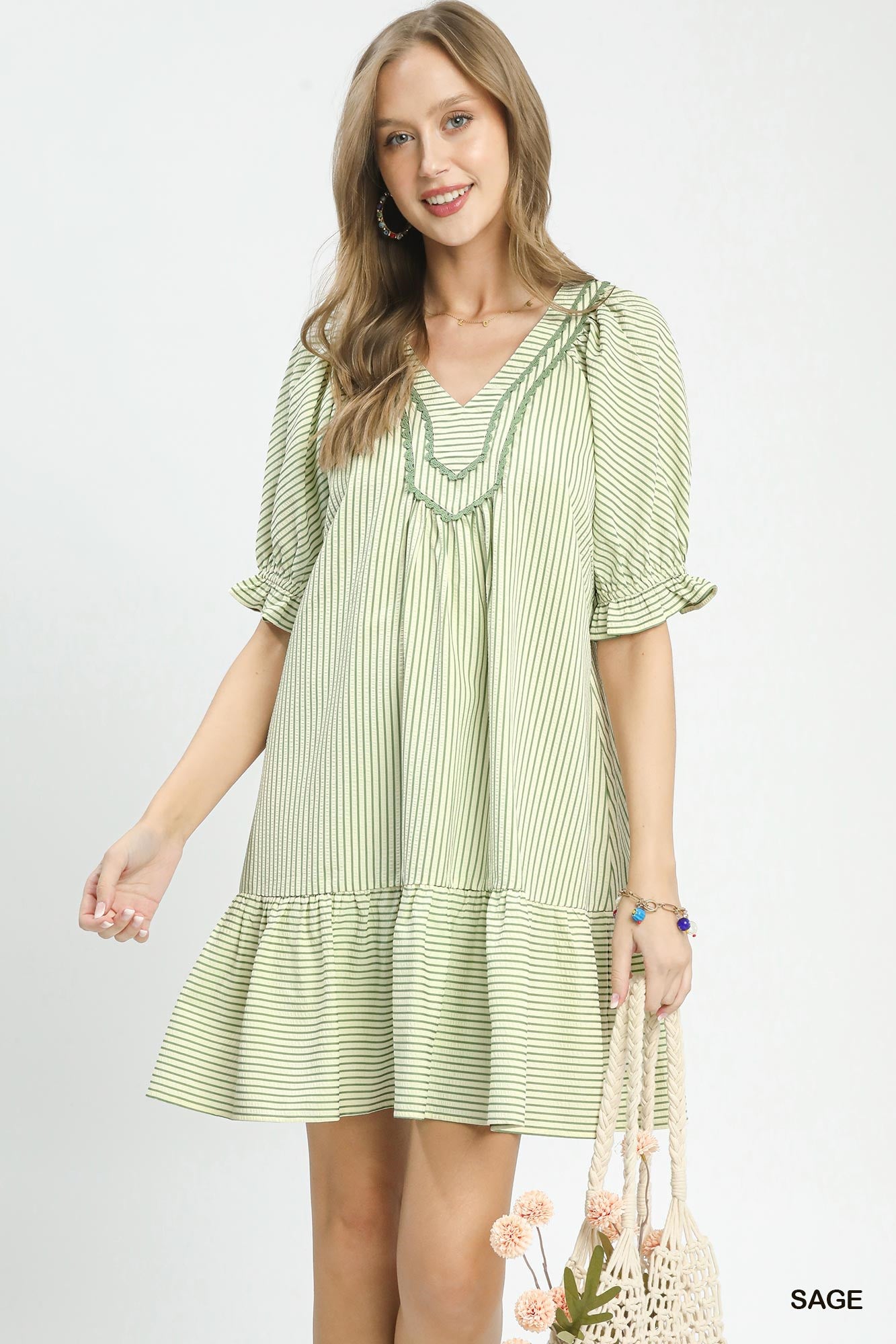 Sage Striped Babydoll Mini Dress