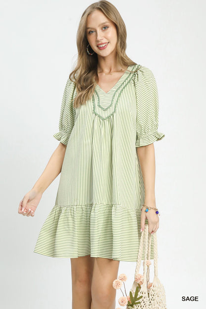 Sage Striped Babydoll Mini Dress