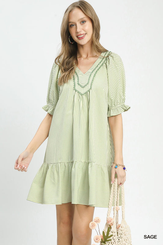 Sage Striped Babydoll Mini Dress