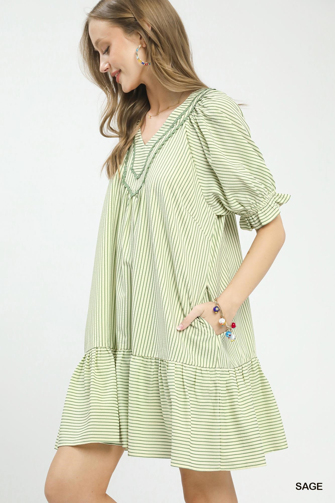 Sage Striped Babydoll Mini Dress