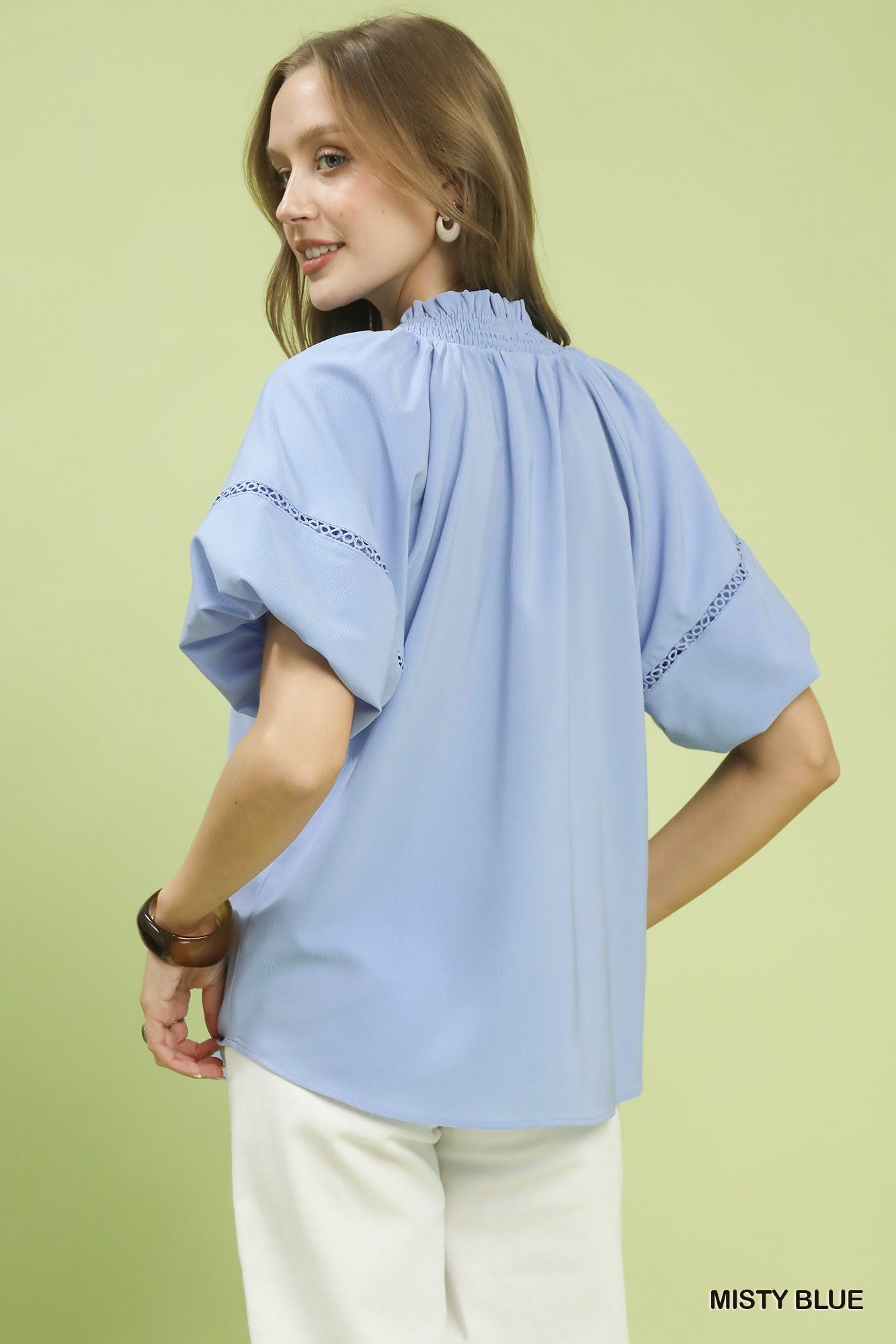 Misty Blue Delicate Lace Trim Top