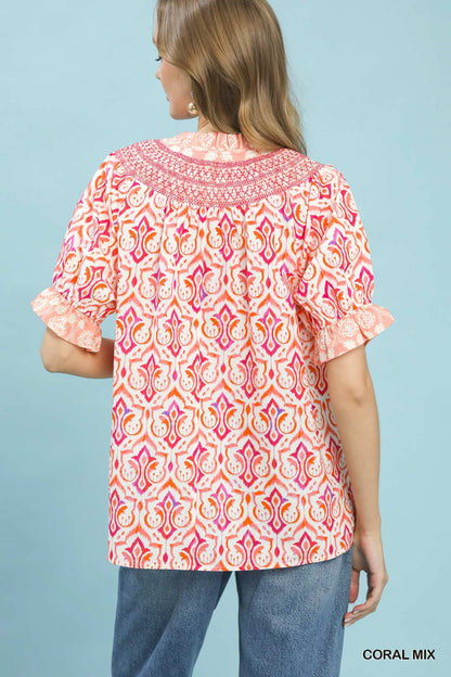 Coral Mix Boho Puff Sleeve Smocked Top