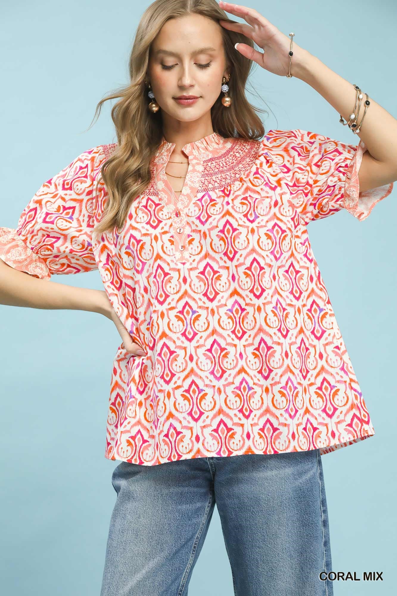Coral Mix Boho Puff Sleeve Smocked Top