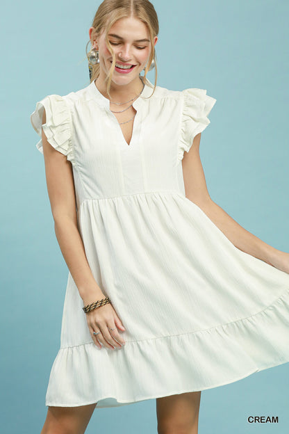 Ruffle Sleeve Babydoll Dress- White