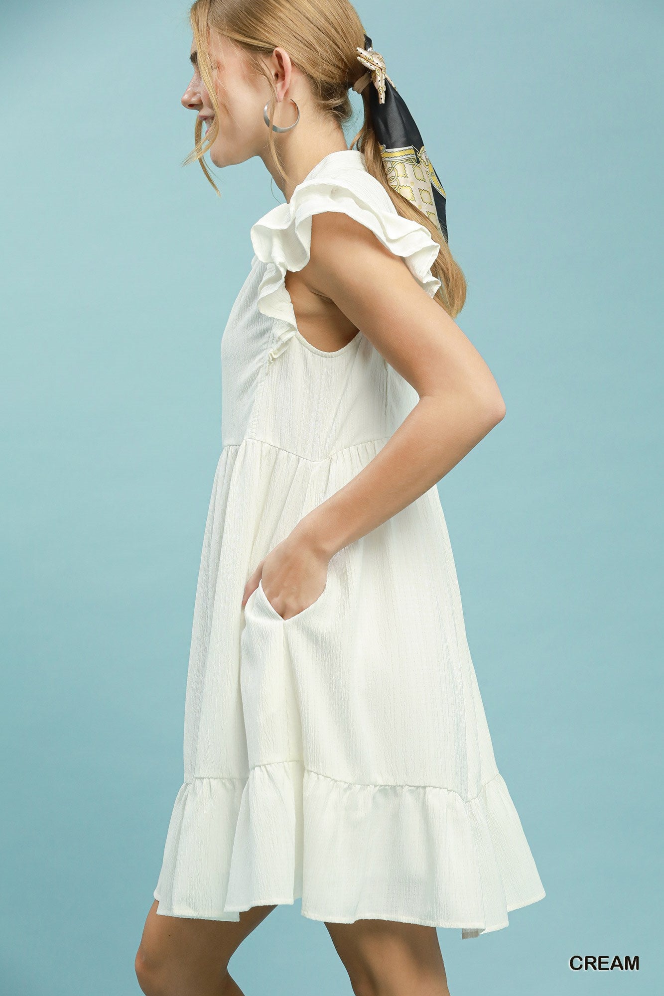 Ruffle Sleeve Babydoll Dress- White