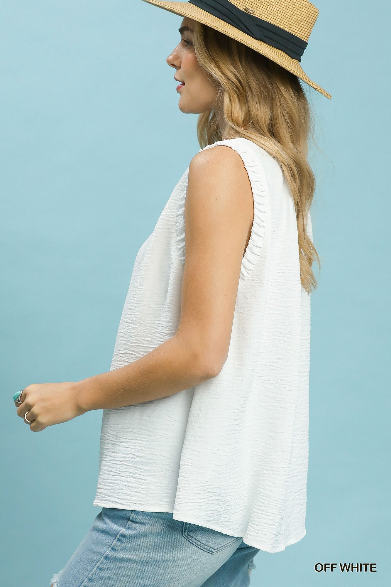 Ruffle Neck Sleeveless Top: Red, White, & Purple Available