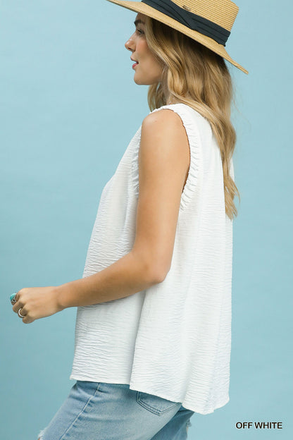 Ruffle Neck Sleeveless Top: Red, White, & Purple Available