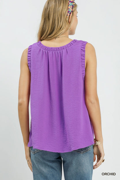 Ruffle Neck Sleeveless Top: Red, White, & Purple Available